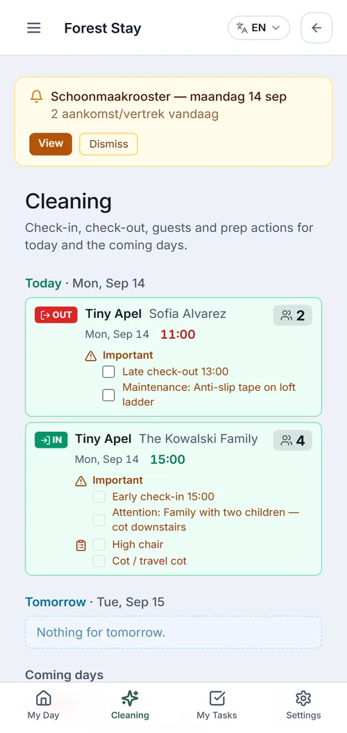 Cleaning app on Lina’s phone with today’s actions, checkout and check-in times at Tiny House Apeldoorn